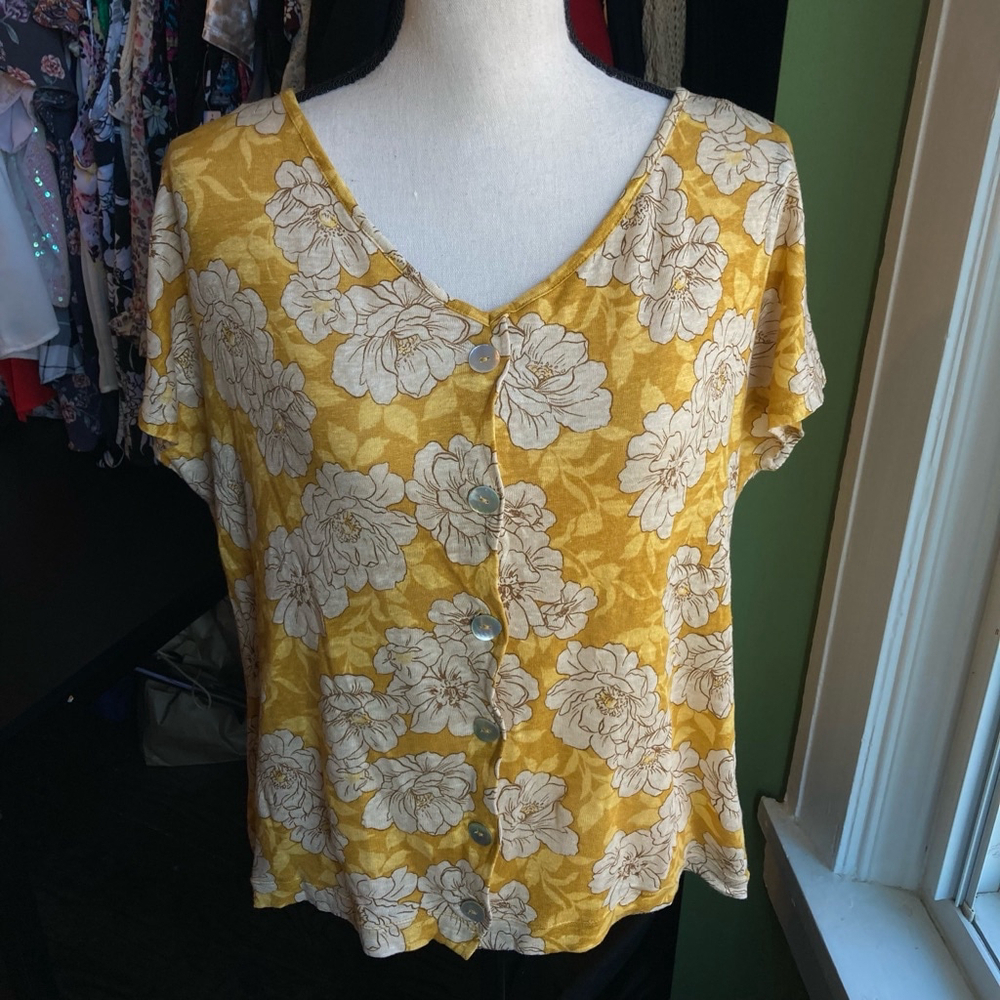 Women's Floral 100% Linen Button-Up Top Yellow Size Large